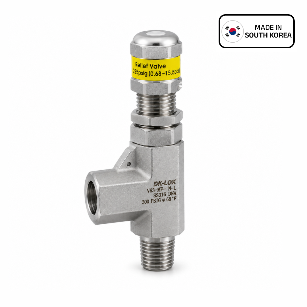 DK-LOK V63 Series Relief Valve, Cracking Pressure 10 to 225 psig, 1/2" Male x Female NPT Connections, SS316, V63-MF-8N-L — photo 1 of 4