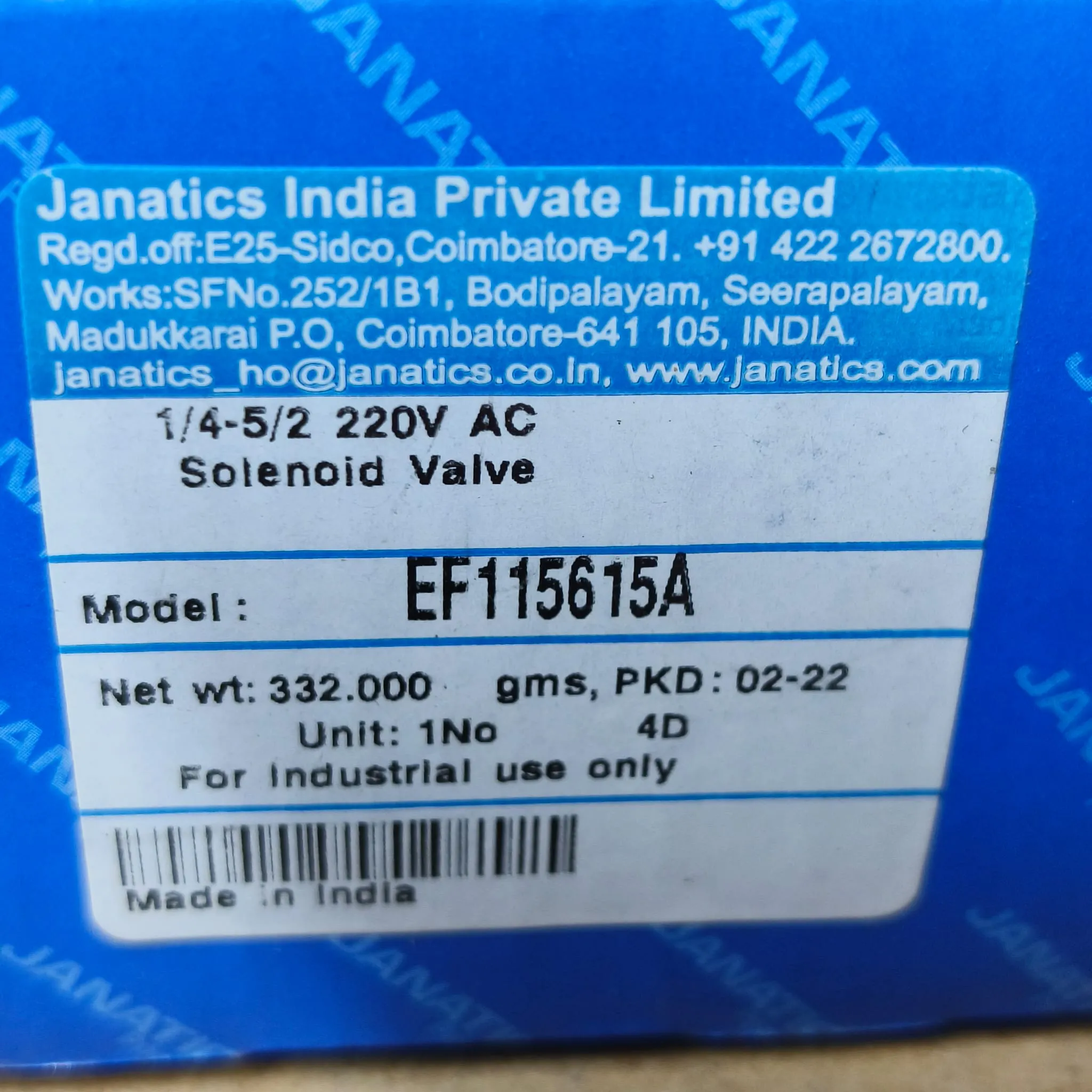 Janatics EF Series Poppet Type Pneumatic Solenoid Valve, 5/2 Way, G 1/4" Port, 220V AC Coil with Connector, EF115615A — photo 2 of 5