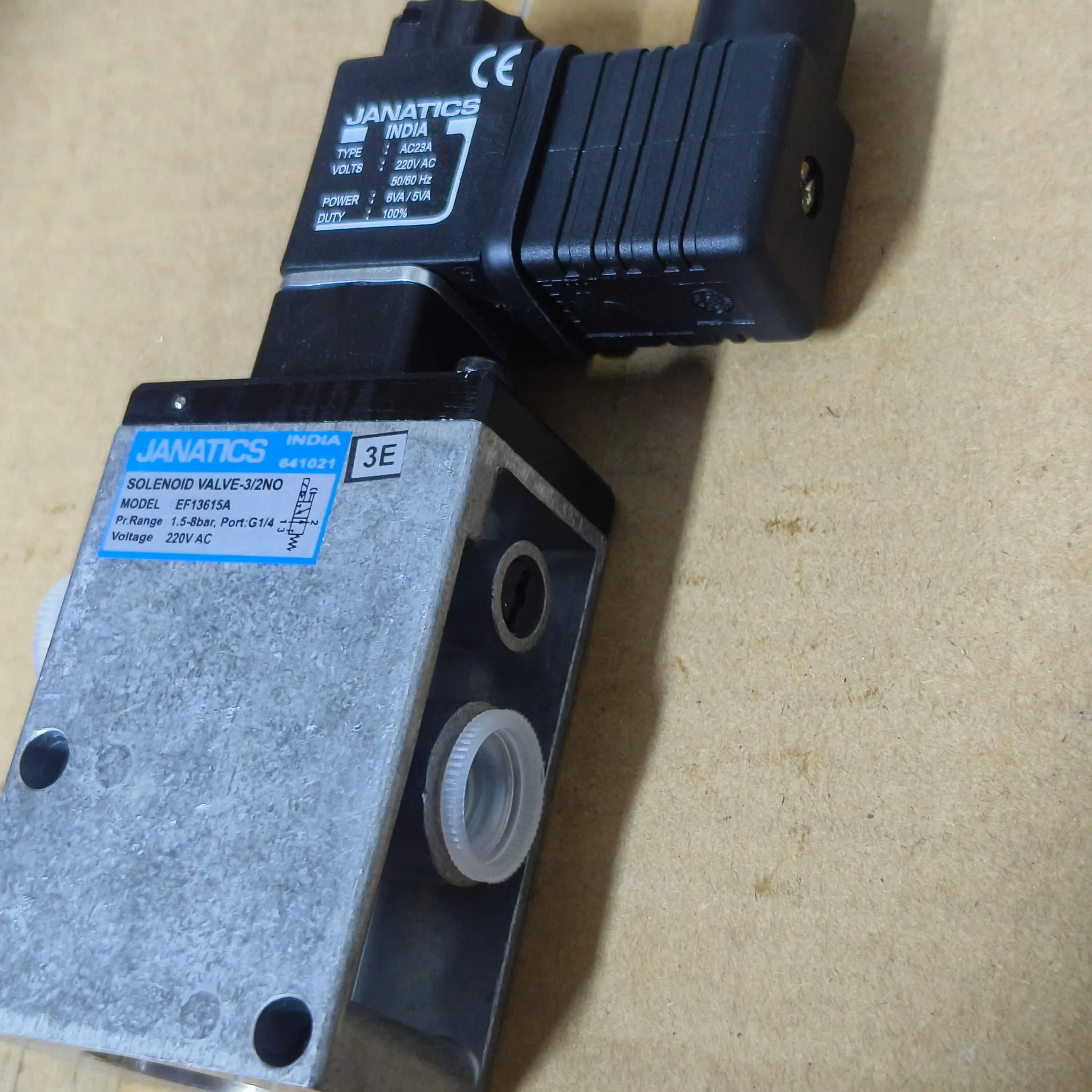 Janatics EF Series Poppet Type Pneumatic Solenoid Valve, 3/2 Way Normally Open, G 1/4" Port, 220V AC Coil with Connector, EF13615A — photo 4 of 5
