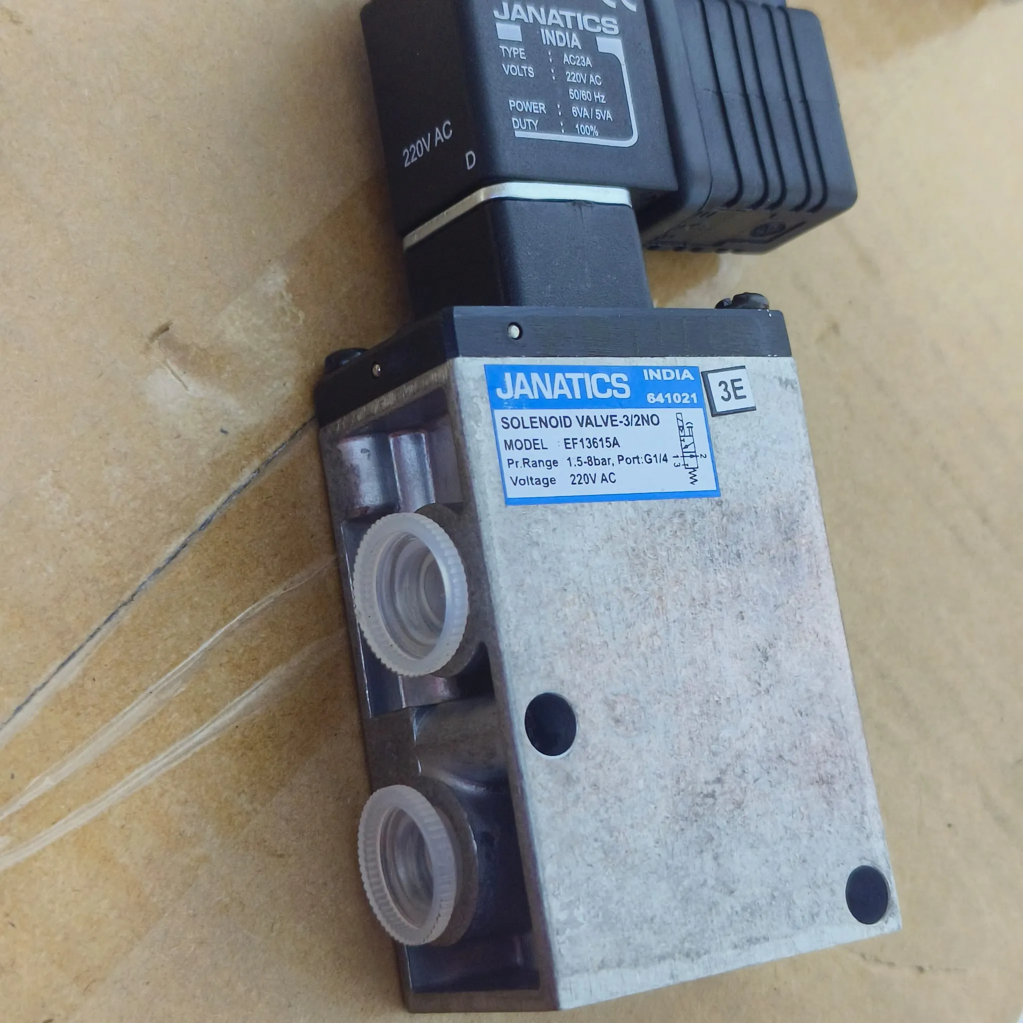 Janatics EF Series Poppet Type Pneumatic Solenoid Valve, 3/2 Way Normally Open, G 1/4" Port, 220V AC Coil with Connector, EF13615A — photo 5 of 5