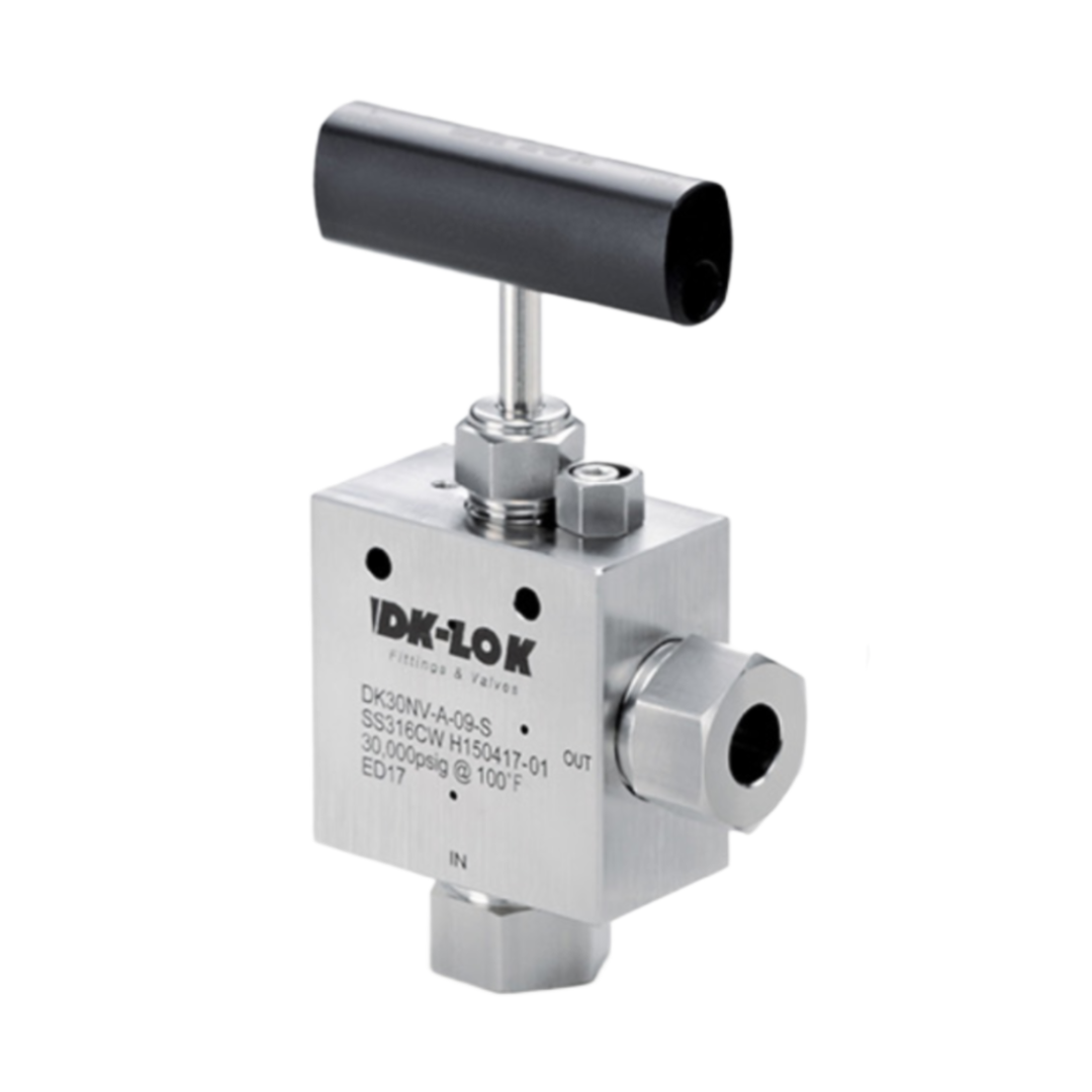 DK-LOK High Pressure Needle Valve, 20,000 psi, Angle Type, 9/16" Tube OD Connections, SS316L, DK20NV-09-A-S