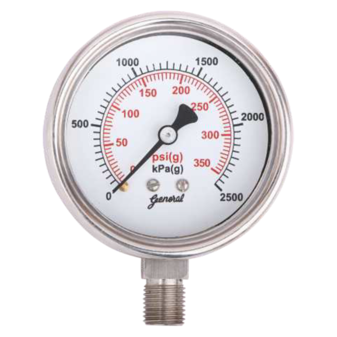General Instruments Pressure Gauge SPGS-V, 0...200 psi, 2nd Scale bar, 2.5" Dial, 1/4" Male NPT Lower Mount, SS Body & Parts, SPGS-V-063-S4S-S6S-S6S-S4S-T06NTM-(0-200)-PSI/BAR-A16-DUS