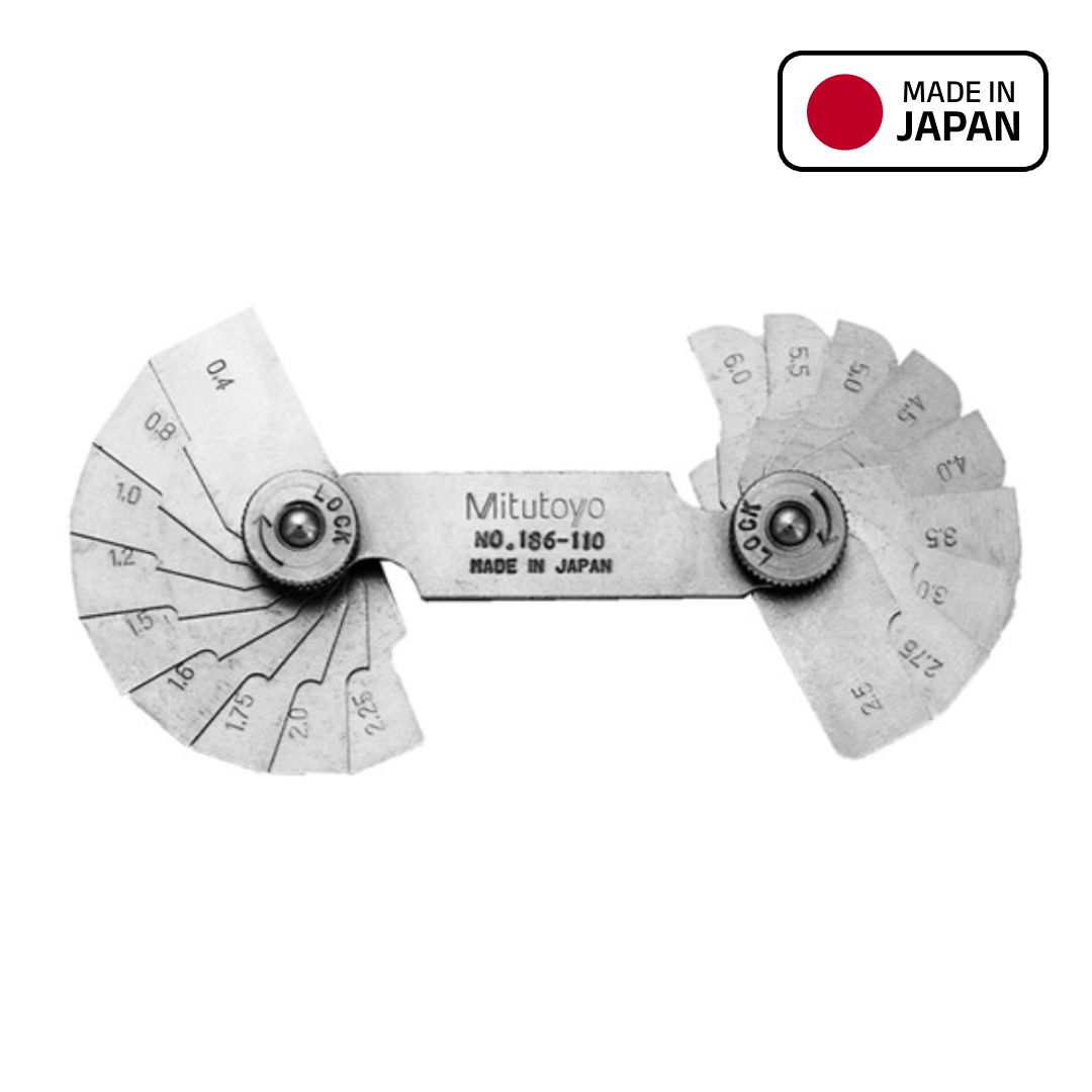 Mitutoyo Series 186 Radius Gage Set, 0.4 to 6.0 mm Range, 18 Leaves, 90 Degree Arc, 186-110