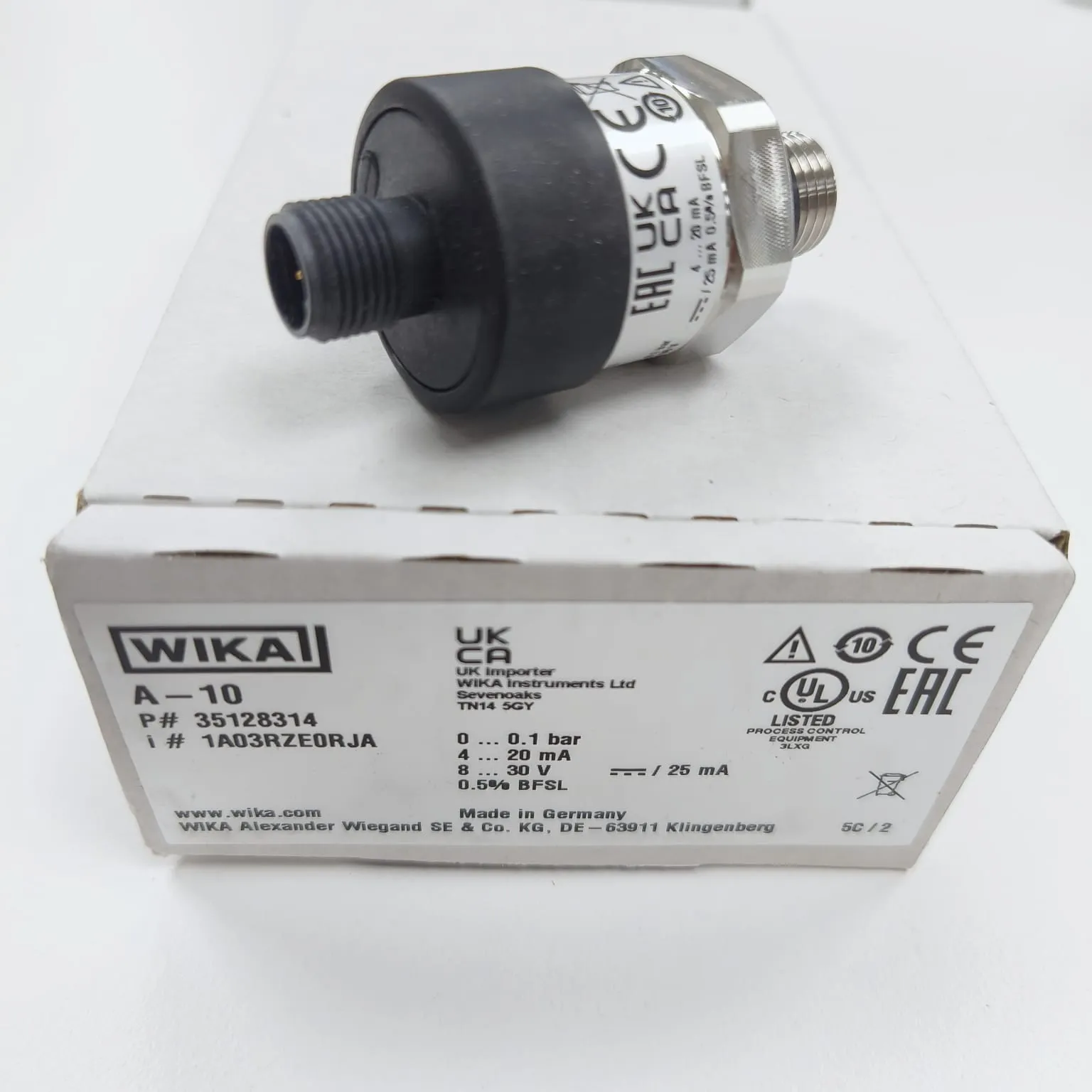 WIKA A-10 Pressure Transmitter, 0...0.1 Bar Gauge, G 1/4 A DIN EN ISO 1179-2 Connection, Circular Connector M12x1, 4-pin, 35128314 - image 2