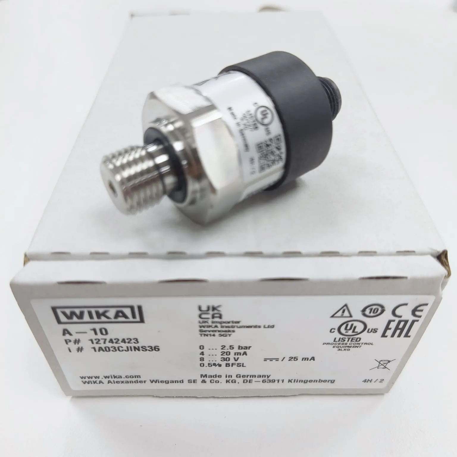 WIKA A-10 Pressure Transmitter, 0...2.5 Bar Gauge, G 1/4 A DIN EN ISO 1179-2 Connection, Circular Connector M12x1, 4-pin, 12742423 - image 2
