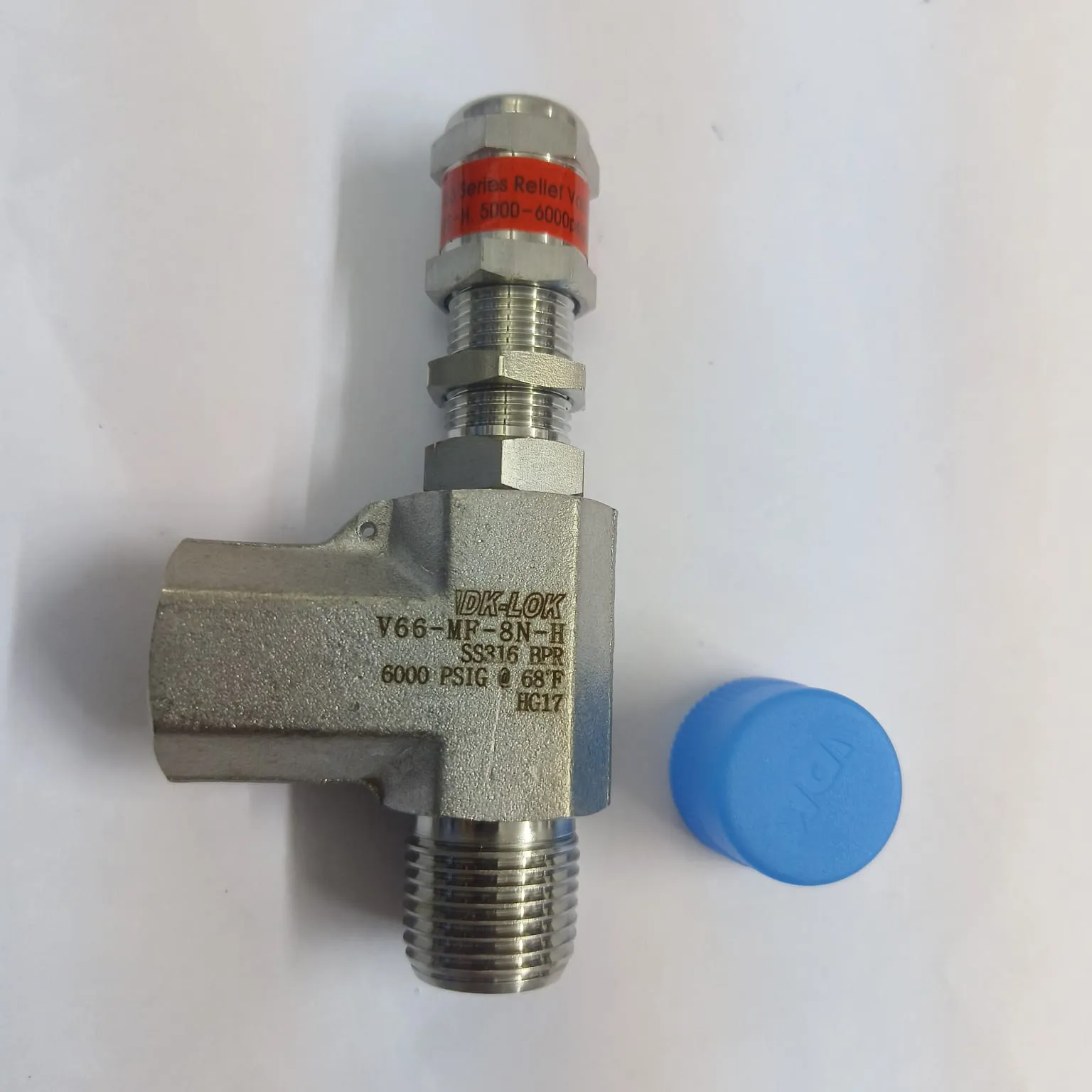 DK-LOK V66 Series Relief Valve, Cracking Pressure 5000 to 6000 psig, 1/2" Male x Female NPT Connections, SS316, V66-MF-8N-H - image 2