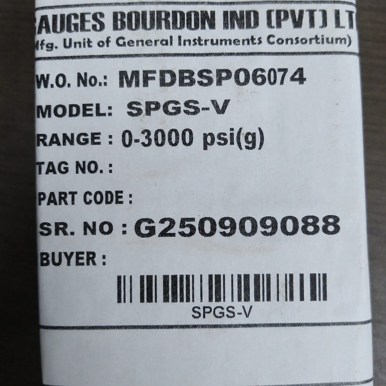 General Instruments Pressure Gauge SPGS-V, 0...3000 psi, 2nd Scale bar, 2.5" Dial, 1/4" Male NPT Lower Mount, SS Body & Parts, SPGS-V-063-S4S-S6S-S6S-S4S-T06NTM-(0-3000)-PSI/BAR-A16-DUS - image 2