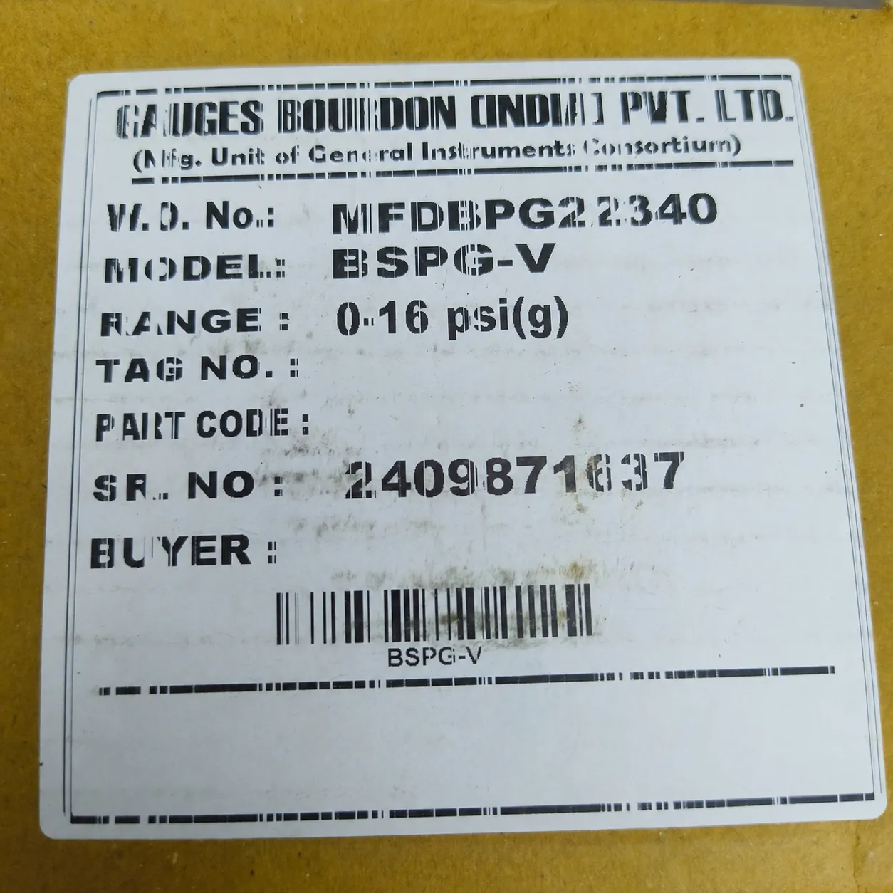 General Instruments Pressure Gauge BSPG-V, 0...16 psi, 2nd Scale bar, 4" Dial, 1/2" Male NPT Lower Mount, SS Body & Parts, BSPG-V-100-S4S-S6S-S6S-S4S-T15NTM-(0-16)-PSI/BAR-DUS - image 2