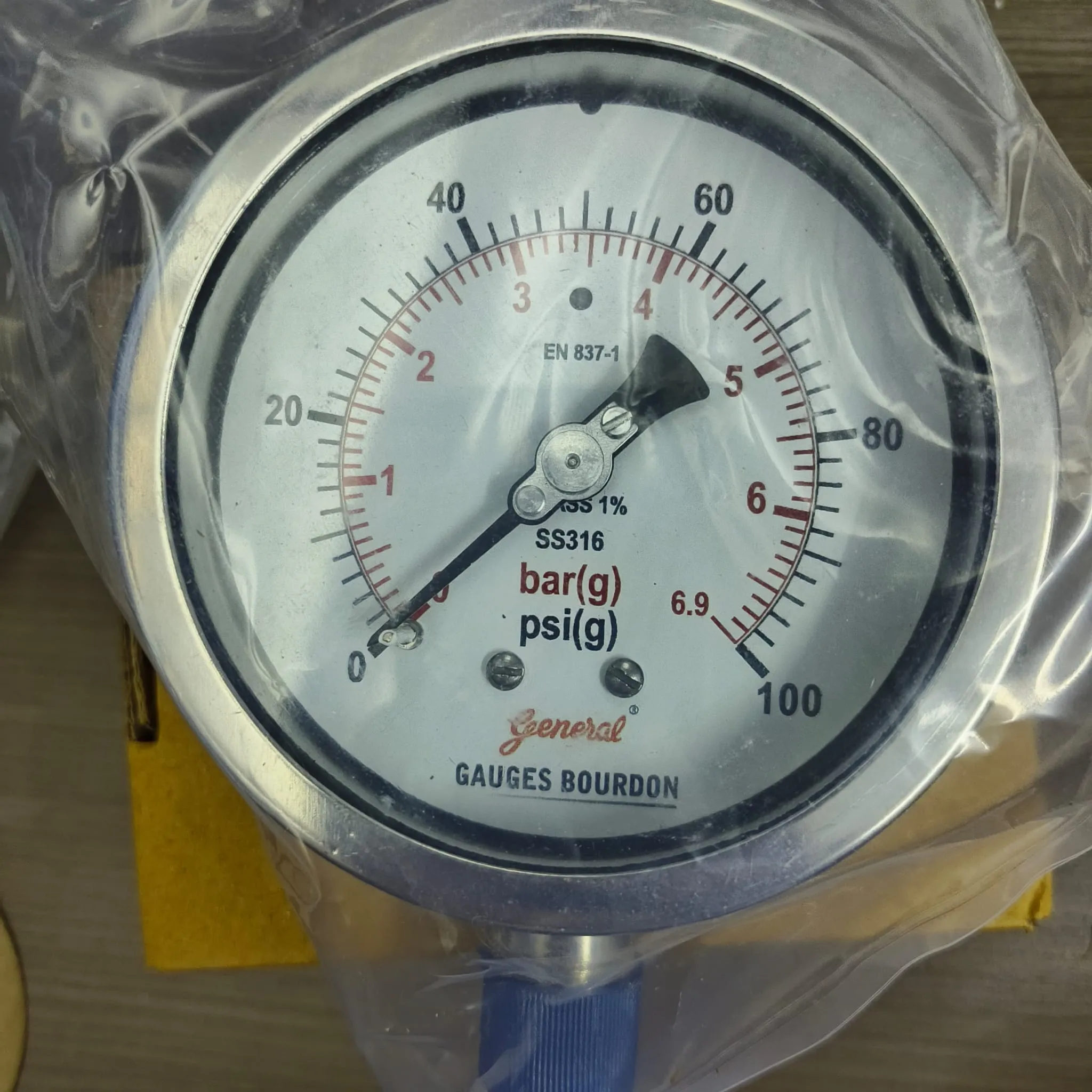 General Instruments Pressure Gauge BSPG-V, 0...100 psi, 2nd Scale bar, 4" Dial, 1/2" Male NPT Lower Mount, SS Body & Parts, BSPG-V-100-S4S-S6S-S6S-S4S-T15NTM-(0-100)-PSI/BAR-DUS - image 3