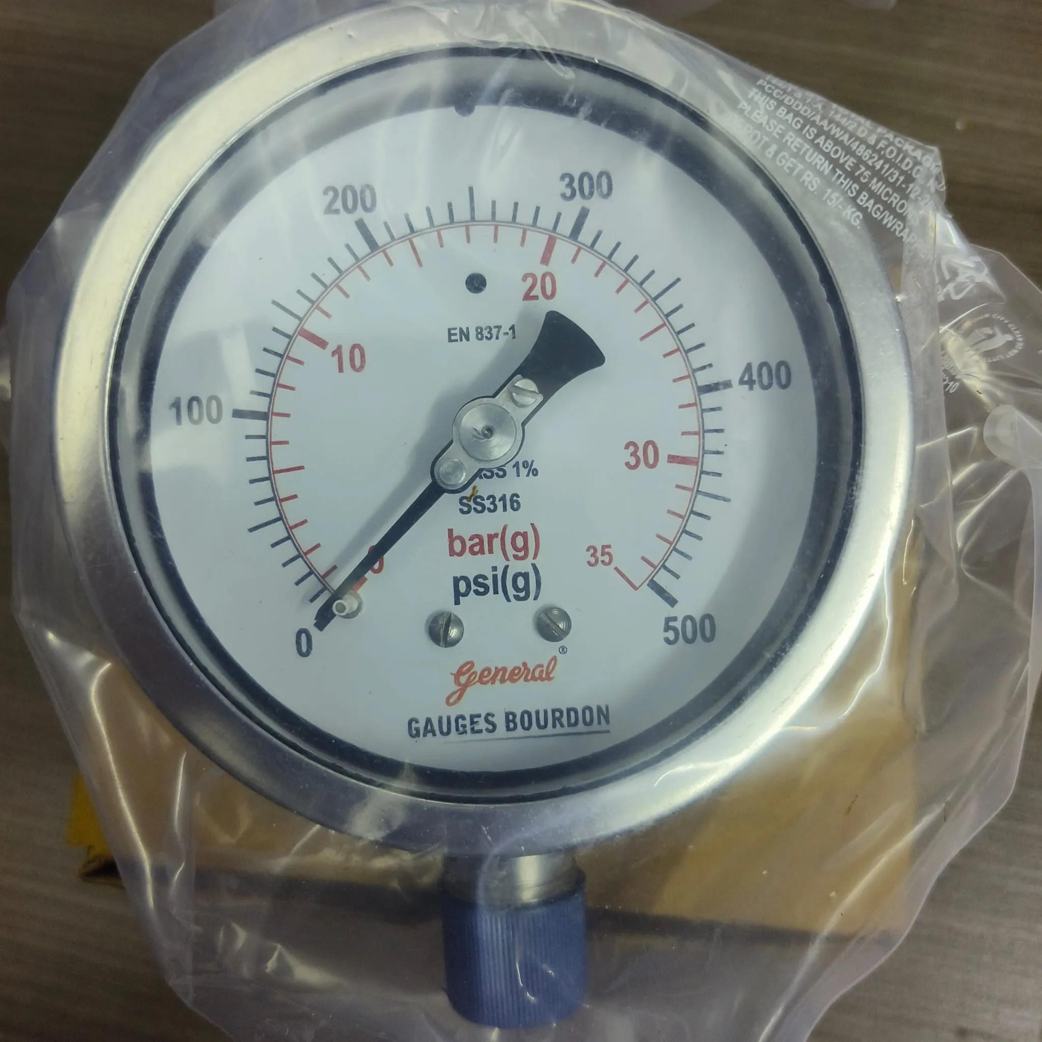 General Instruments Pressure Gauge BSPG-V, 0...500 psi, 2nd Scale bar, 4" Dial, 1/2" Male NPT Lower Mount, SS Body & Parts, BSPG-V-100-S4S-S6S-S6S-S4S-T15NTM-(0-500)-PSI/BAR-DUS - image 3