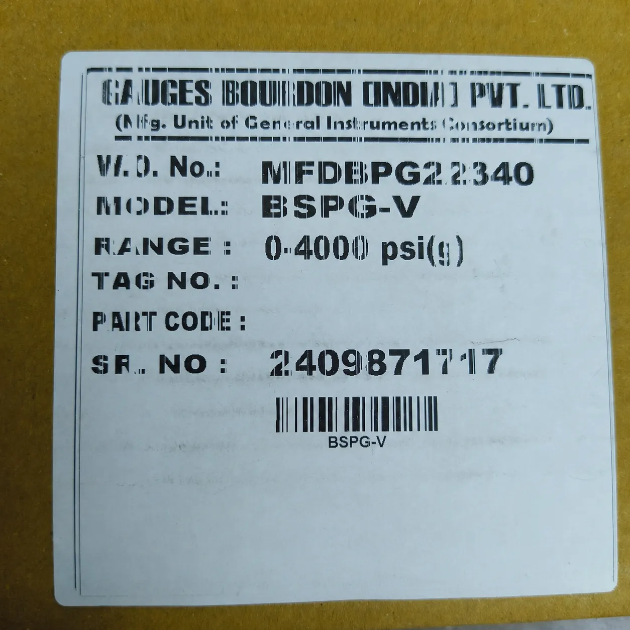 General Instruments Pressure Gauge BSPG-V, 0...4000 psi, 2nd Scale bar, 4" Dial, 1/2" Male NPT Lower Mount, SS Body & Parts, BSPG-V-100-S4S-S6S-S6S-S4S-T15NTM-(0-4000)-PSI/BAR-DUS - image 2