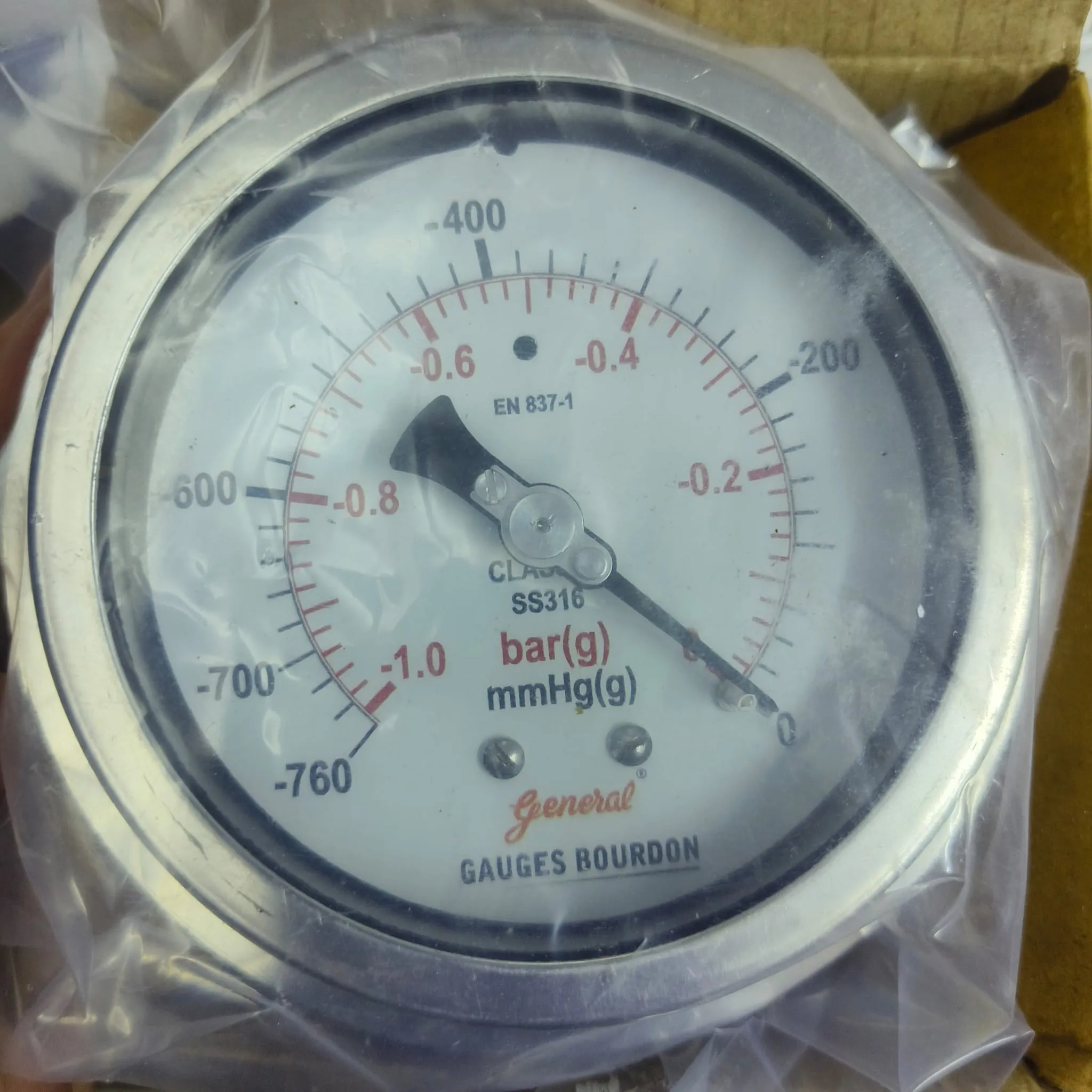General Instruments Vacuum Gauge BSPG-P, -760...0 mmHg, 2nd Scale bar, 4" Dial, 1/2" Male NPT Lower Back Mount With Front Flange, SS Body & Parts, BSPG-P-100-S4S-S6S-S6S-S4S-T15NTM-(-760-0)-MMH/BAR-DUS - image 3