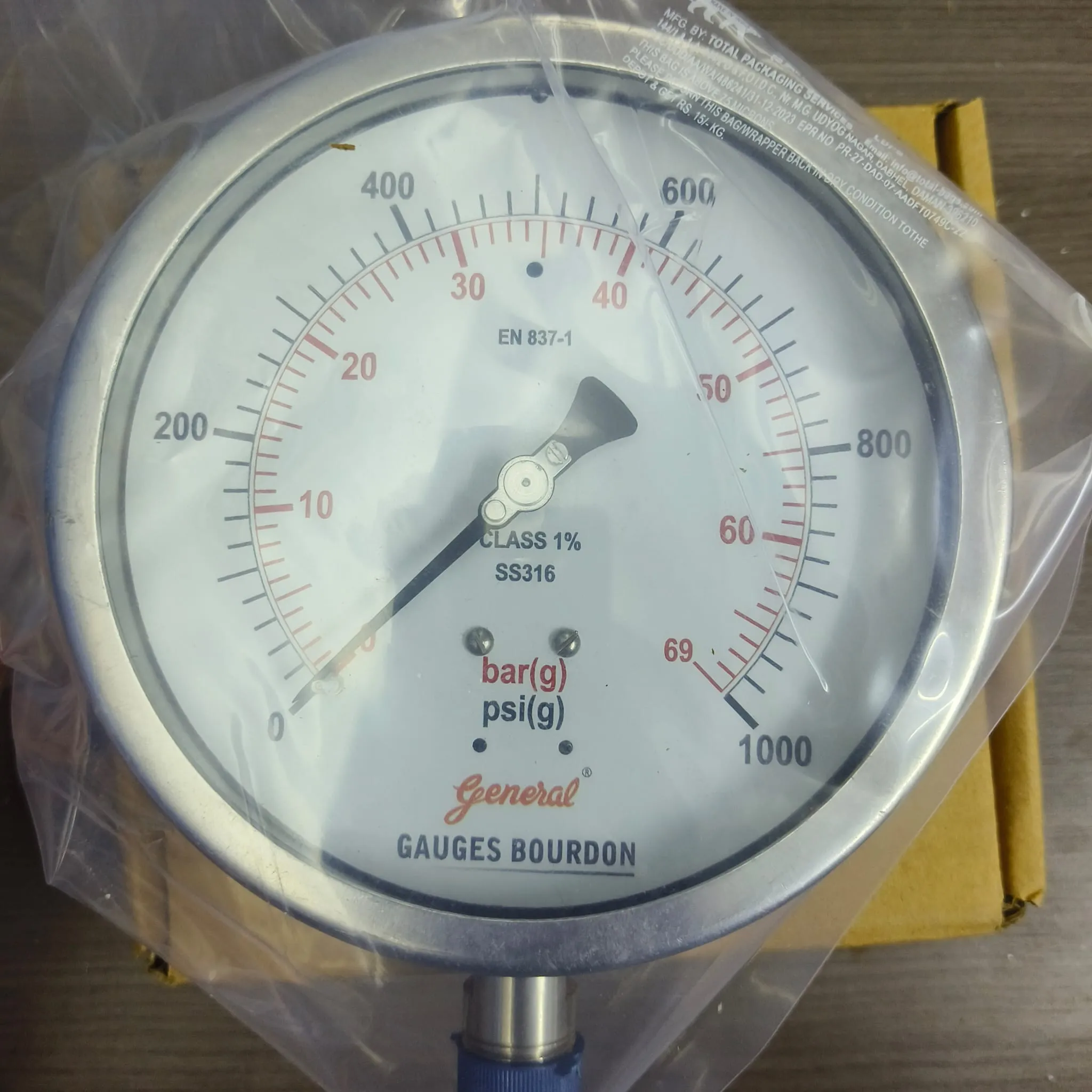 General Instruments Pressure Gauge BSPG-V, 0...1000 psi, 2nd Scale bar, 6" Dial, 1/2" Male NPT Lower Mount, SS Body & Parts, BSPG-V-150-S4S-S6S-S6S-S4S-T15NTM-(0-1000)-PSI/BAR-DUS - image 3