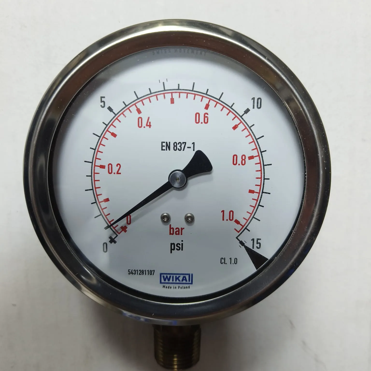 WIKA Pressure Gauge 212.53.100, 0...15 psi, Dual Scale, 4" Dial, 1/2" Male NPT Lower Mount, 39902202 - image 3