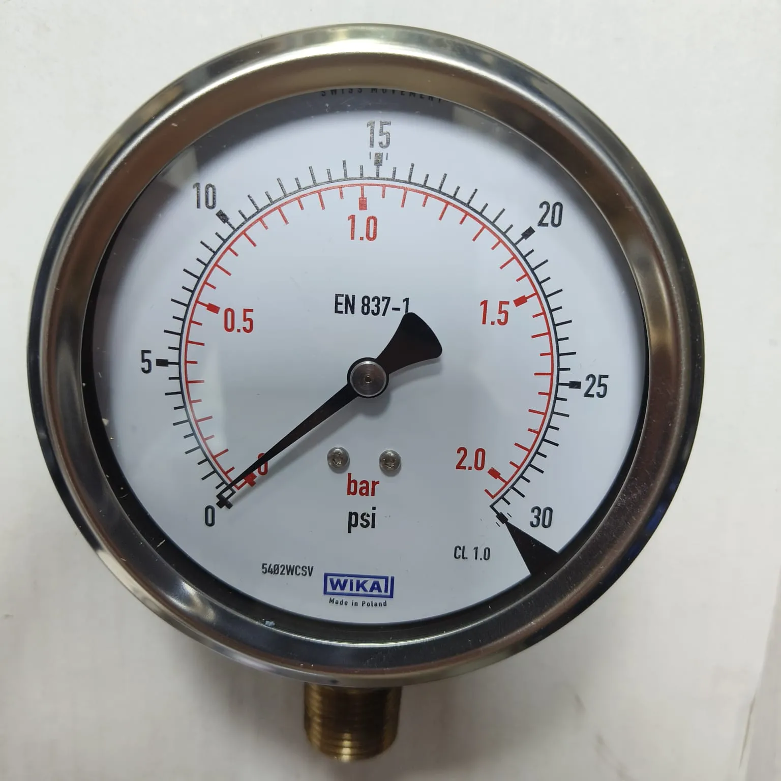 WIKA Pressure Gauge 212.53.100, 0...30 psi, Dual Scale, 4" Dial, 1/2" Male NPT Lower Mount, 39887247 - image 3
