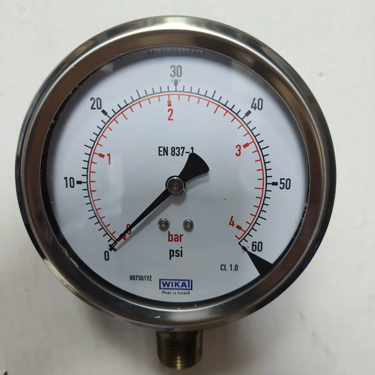 WIKA Pressure Gauge 212.53.100, 0...60 psi, Dual Scale, 4" Dial, 1/2" Male NPT Lower Mount, 39887250 - image 3