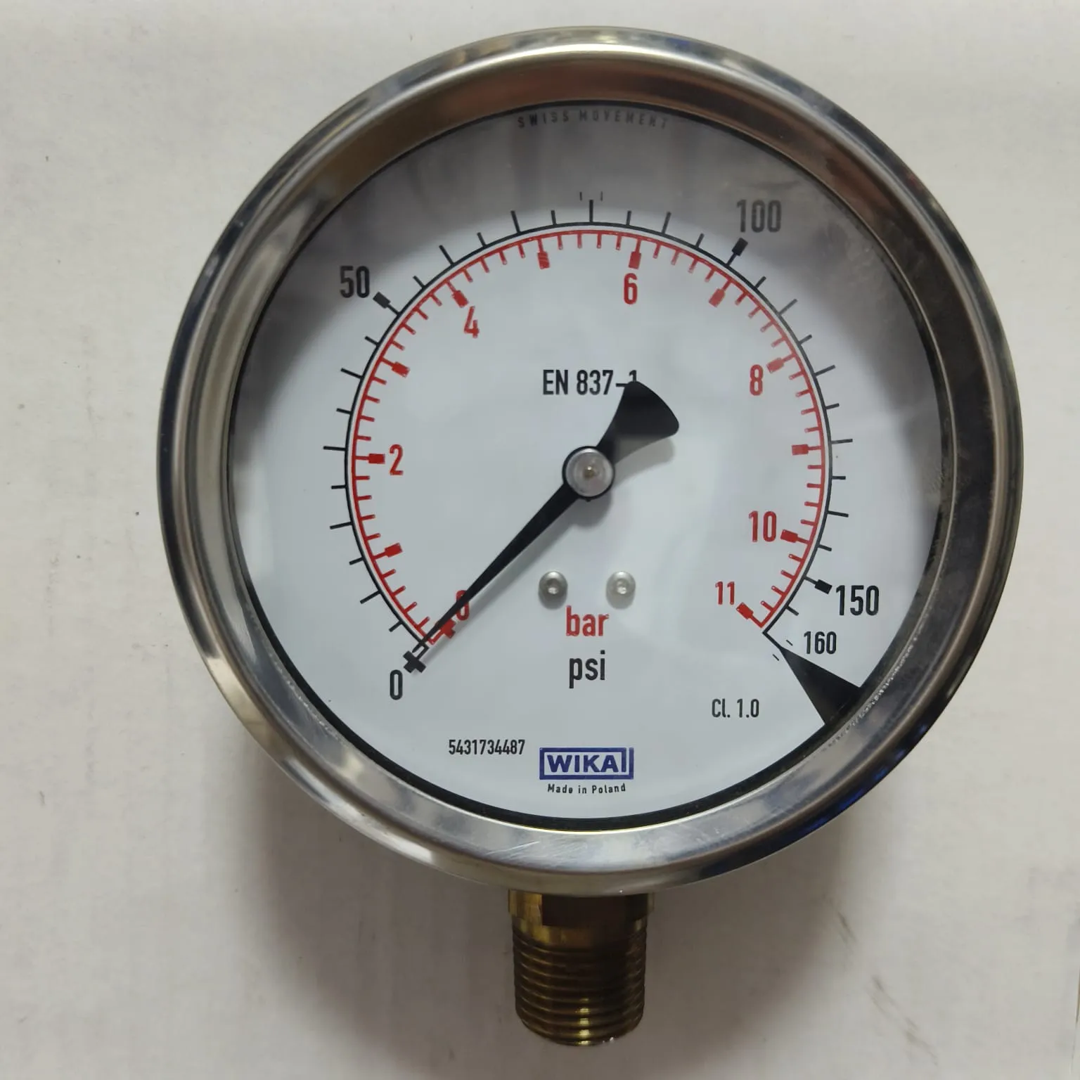 WIKA Pressure Gauge 212.53.100, 0...160 psi, Dual Scale, 4" Dial, 1/2" Male NPT Lower Mount, 39939595 - image 3