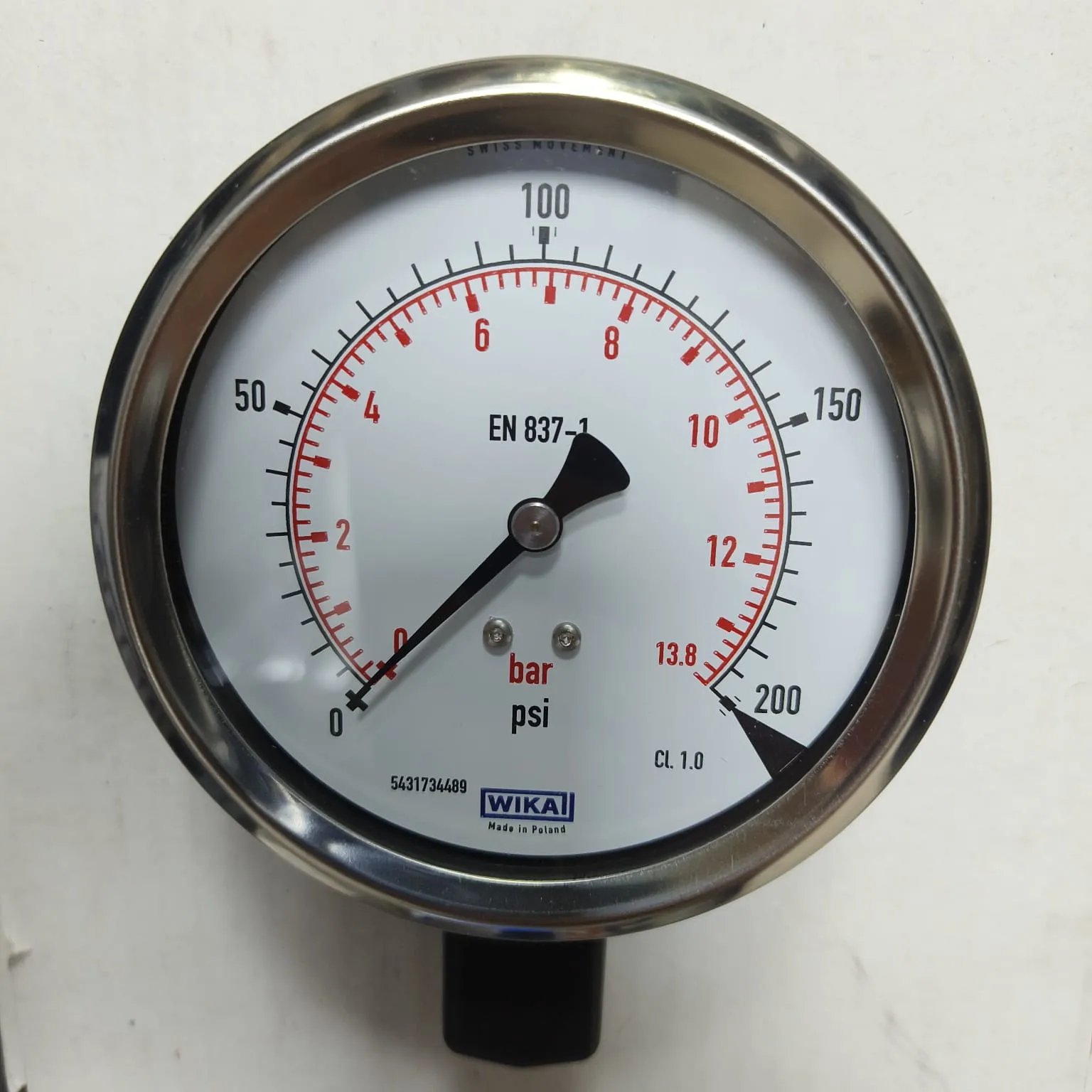 WIKA Pressure Gauge 212.53.100, 0...200 psi, Dual Scale, 4" Dial, 1/2" Male NPT Lower Mount, 39939596 - image 5