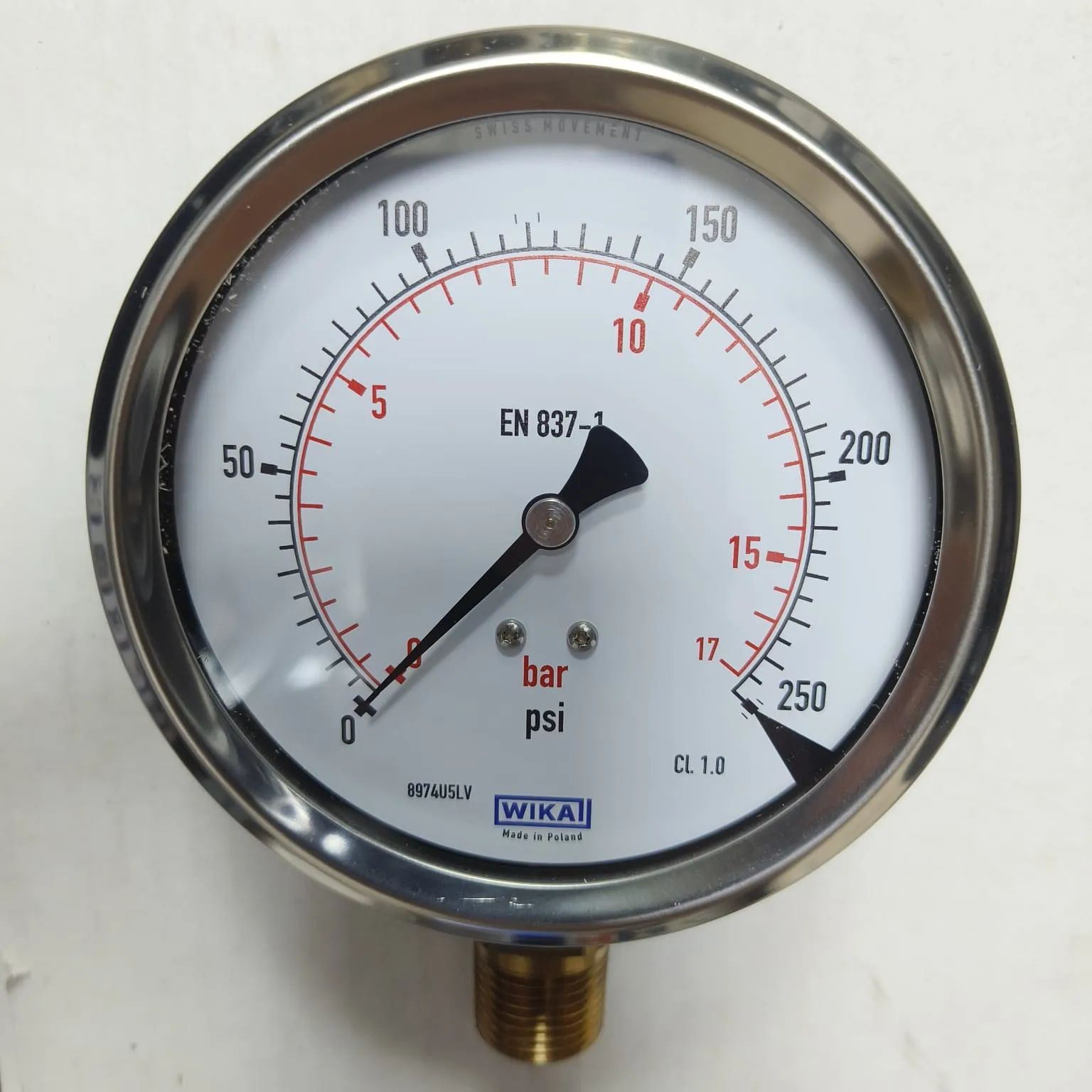 WIKA Pressure Gauge 212.53.100, 0...250 psi, Dual Scale, 4" Dial, 1/2" Male NPT Lower Mount, 84031995 - image 3