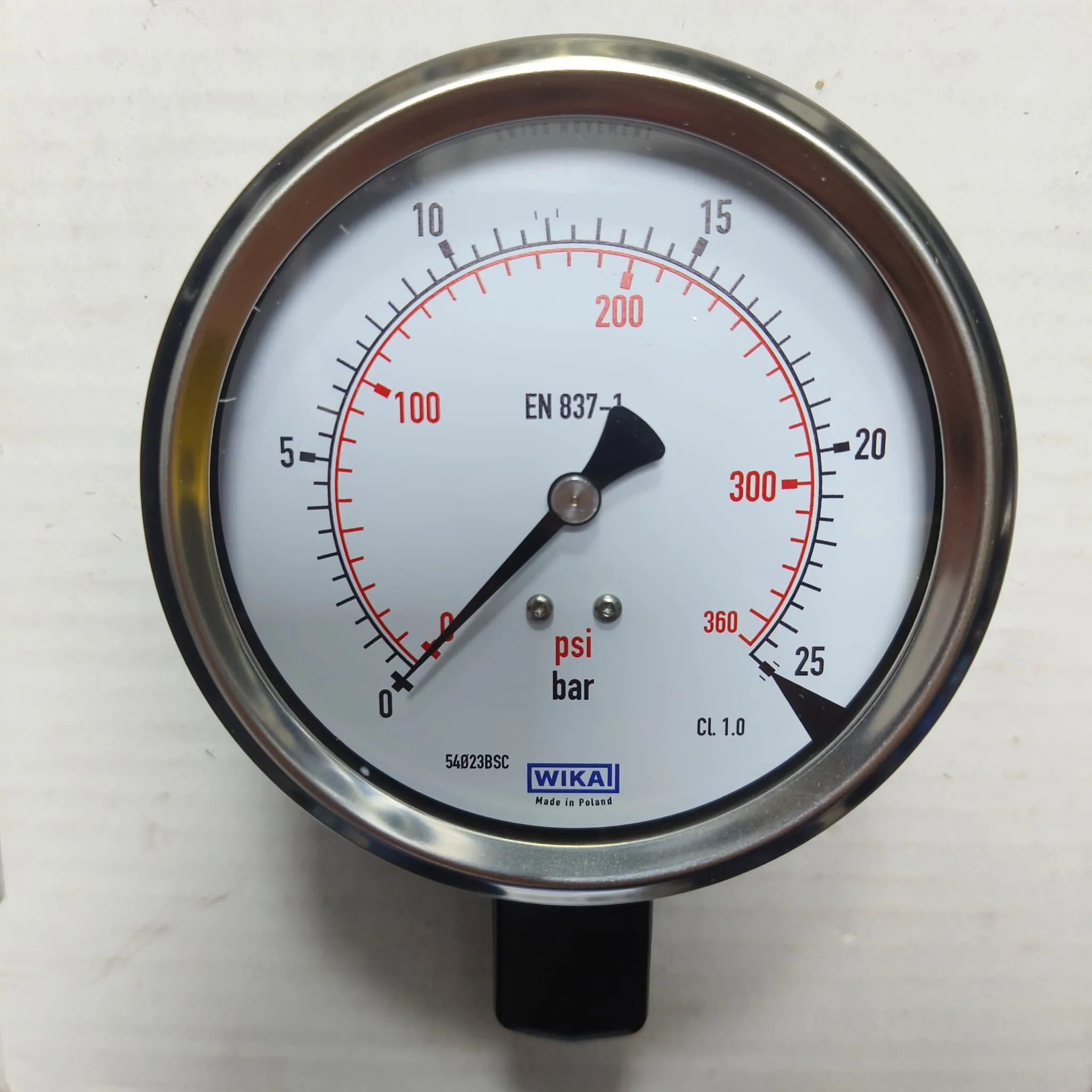 WIKA Pressure Gauge 212.53.100, 0...25 bar, Dual Scale, 4" Dial, 1/2" Male NPT Lower Mount, 39980768 - image 3