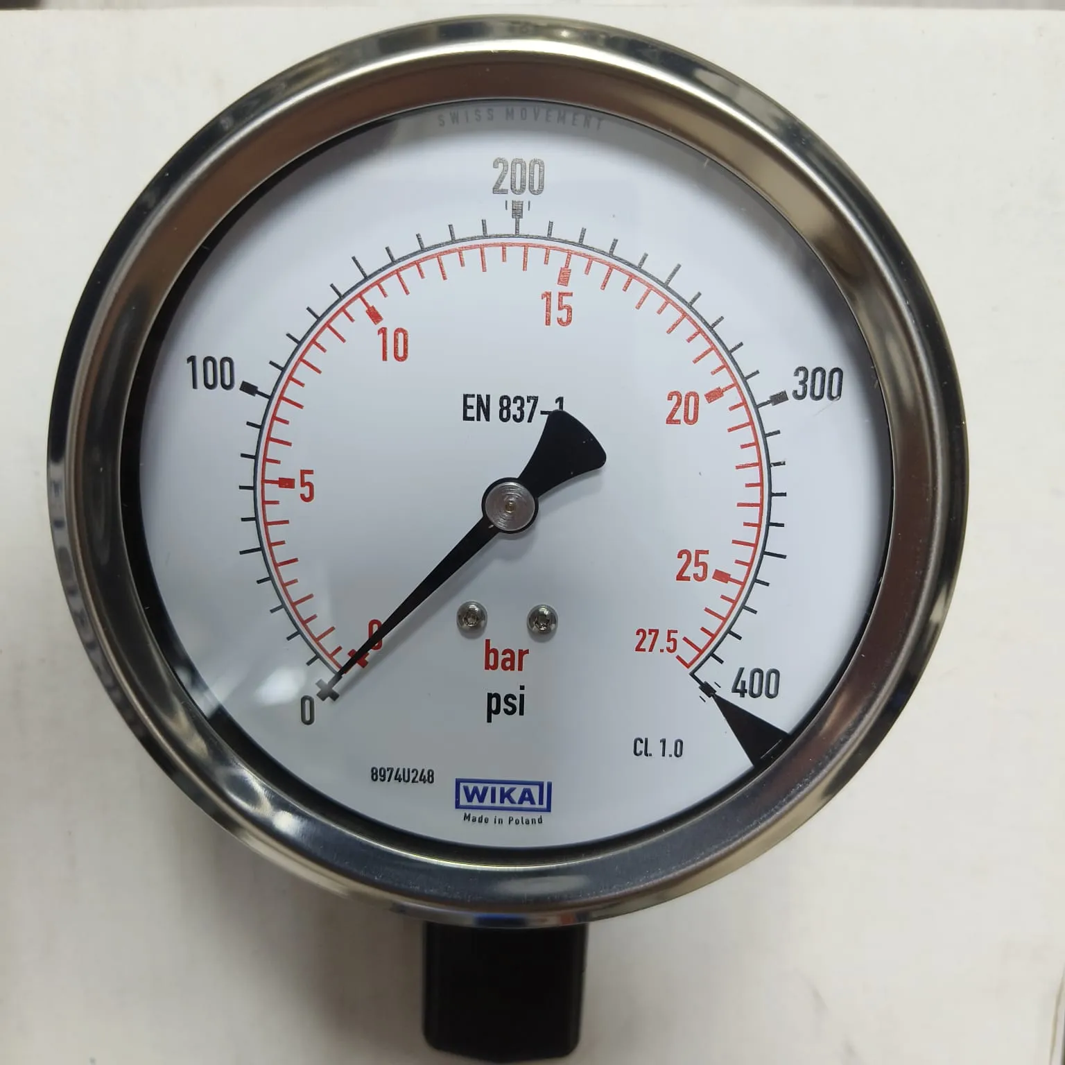 WIKA Pressure Gauge 212.53.100, 0...400 psi, Dual Scale, 4" Dial, 1/2" Male NPT Lower Mount, 39887257 - image 3