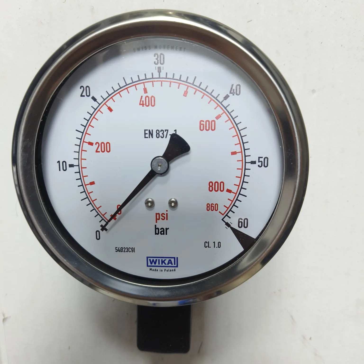 WIKA Pressure Gauge 212.53.100, 0...60 bar, Dual Scale, 4" Dial, 1/2" Male NPT Lower Mount, 39902204 - image 3