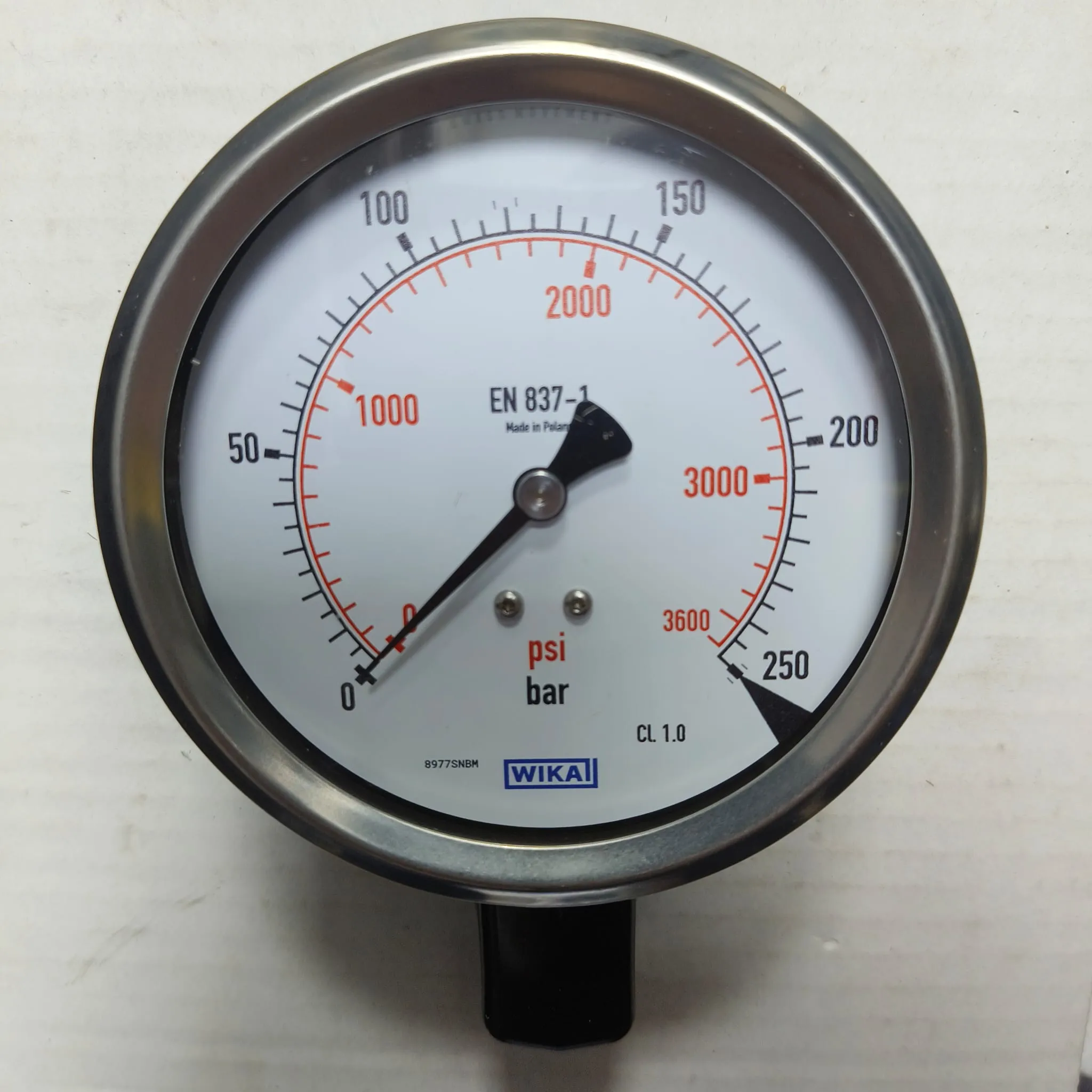 WIKA Pressure Gauge 212.53.100, 0...250 bar, Dual Scale, 4" Dial, 1/2" Male NPT Lower Mount, 84254735 - image 3