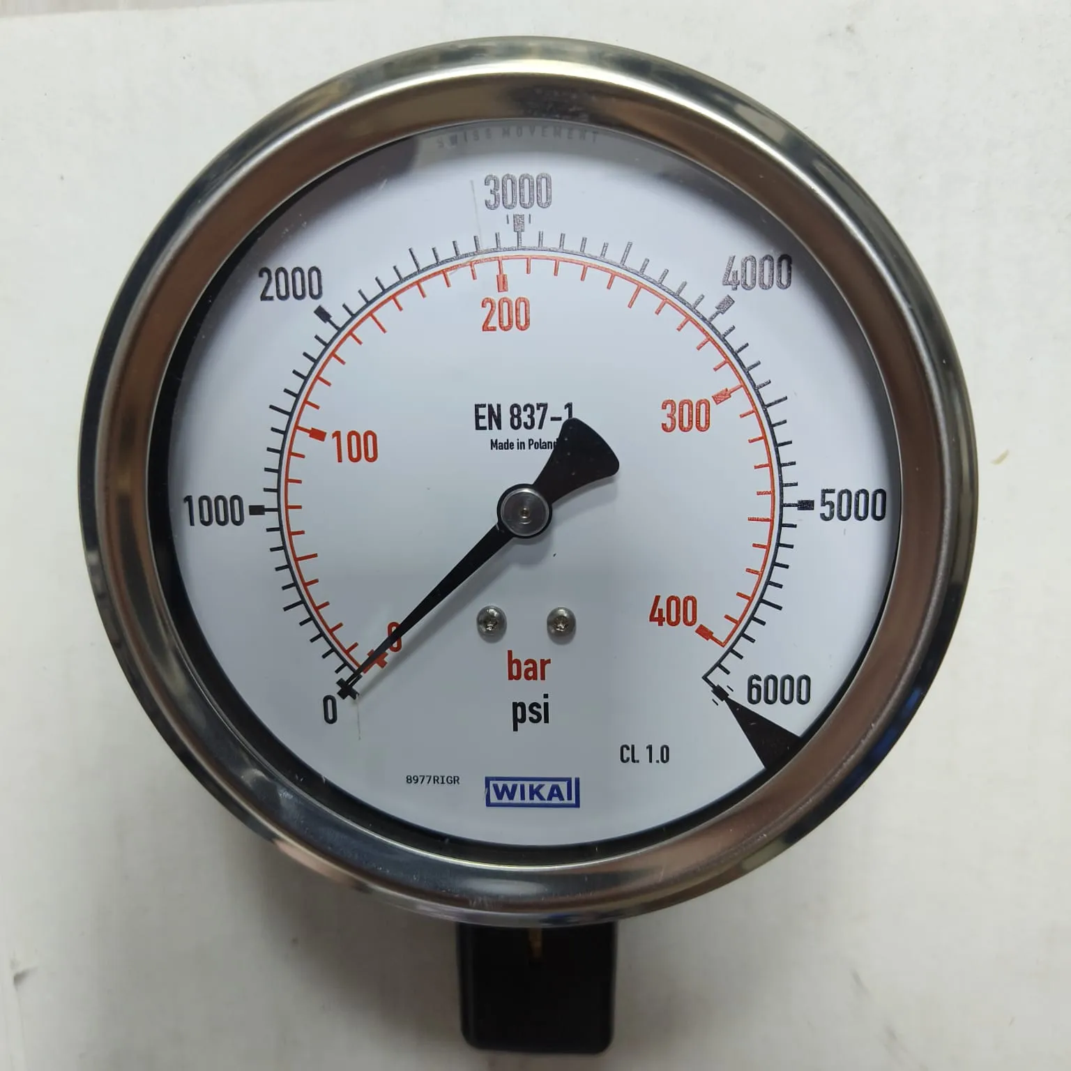 WIKA Pressure Gauge 212.53.100, 0...6000 psi, Dual Scale, 4" Dial, 1/2" Male NPT Lower Mount, 39902207 - image 3