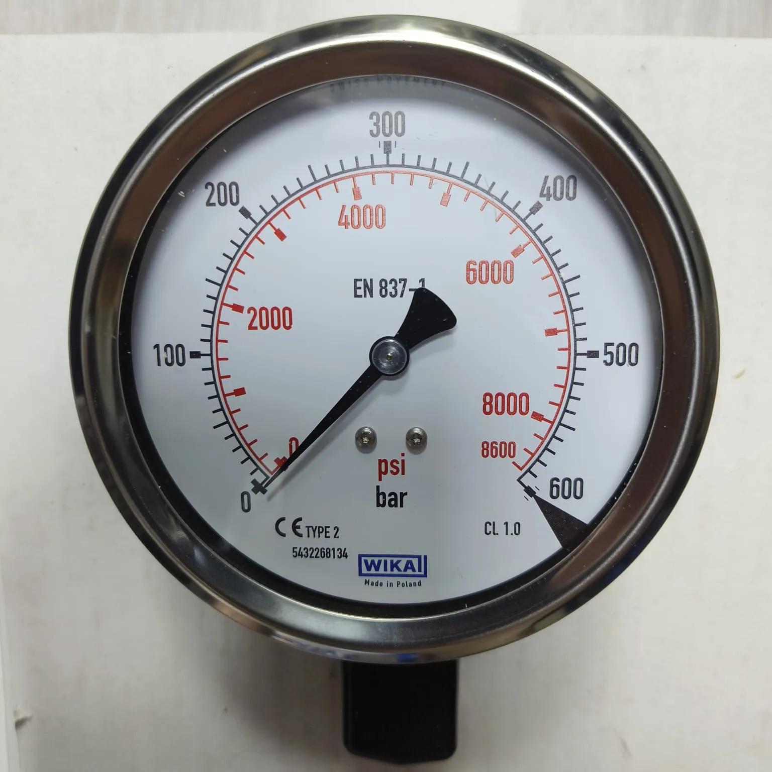 WIKA Pressure Gauge 212.53.100, 0...600 bar, Dual Scale, 4" Dial, 1/2" Male NPT Lower Mount, 39939613 - image 3