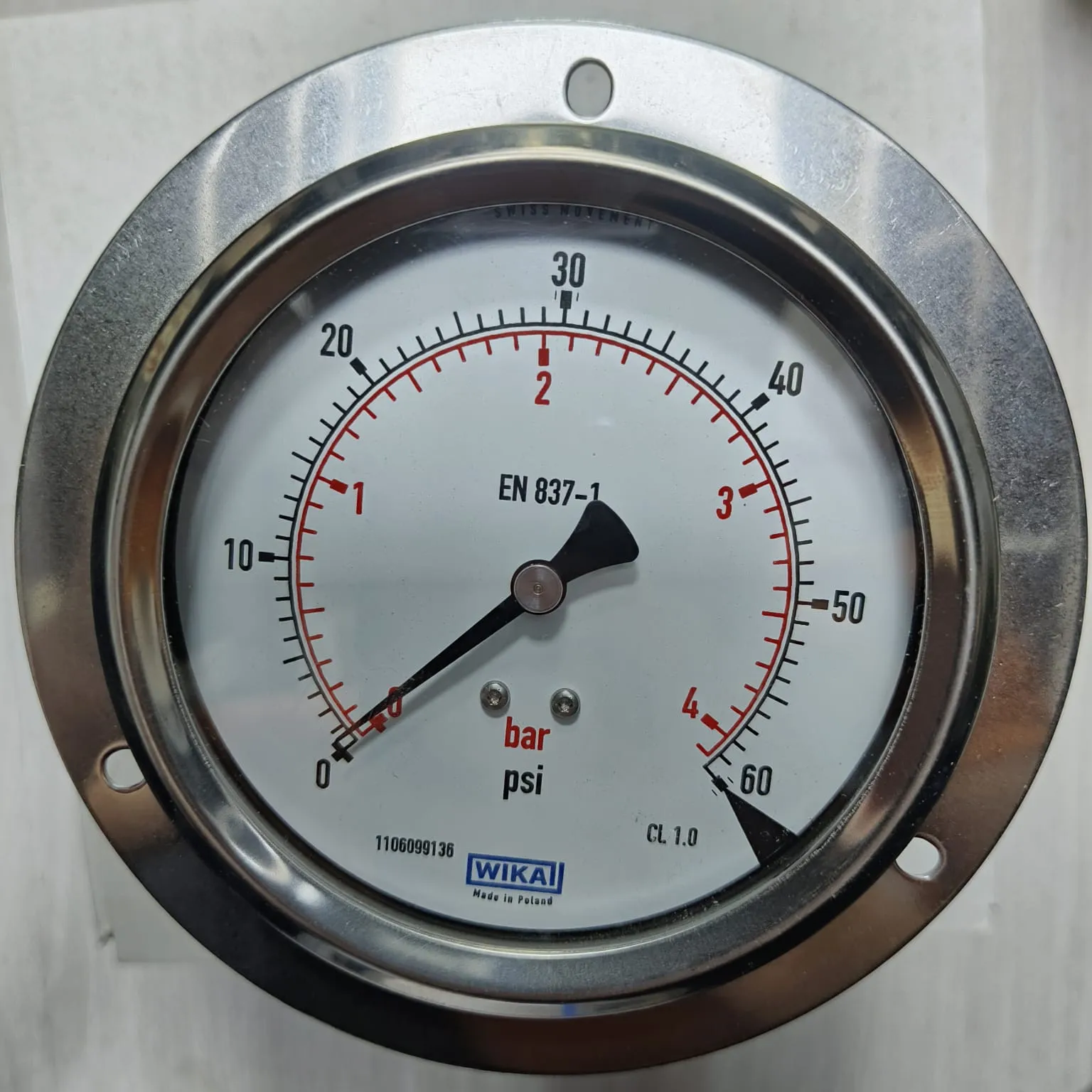 WIKA Pressure Gauge 213.53.100, 0...60 psi, Dual Scale, 4" Dial, 1/2" Male NPT Lower Back Mount, 31104957 - image 3
