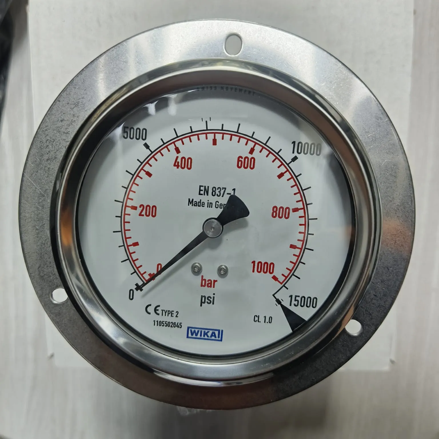 WIKA Pressure Gauge 213.53.100, 0...15000 psi, Dual Scale, 4" Dial, 1/2" Male NPT Lower Back Mount, 84254745 - image 3