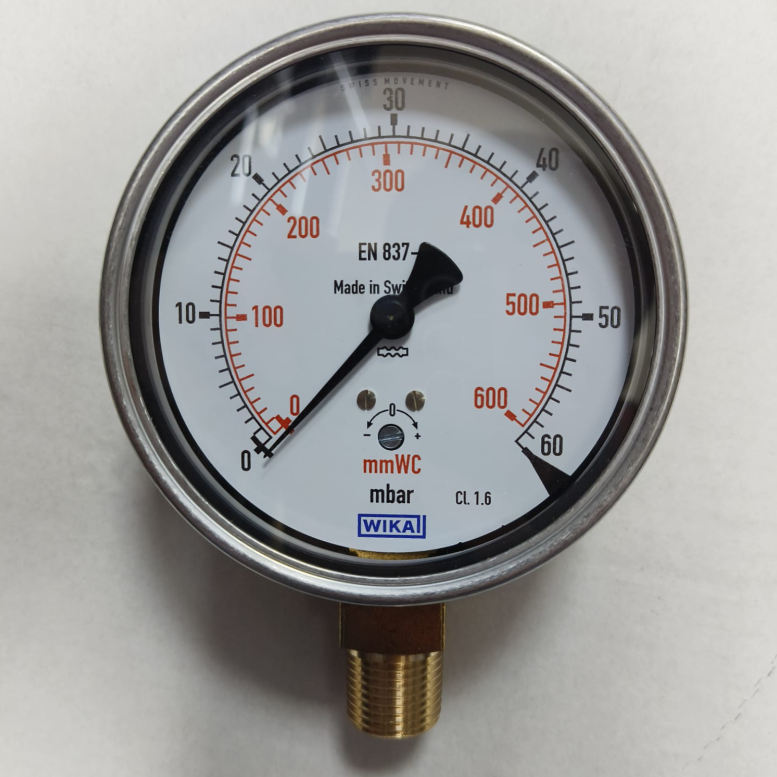 Wika Capsule Pressure Gauge Model 612.20.100, 0...60 mbar, Dual Scale, 4" Dial, 1/2" NPT Lower Mount, 84272199 - image 3