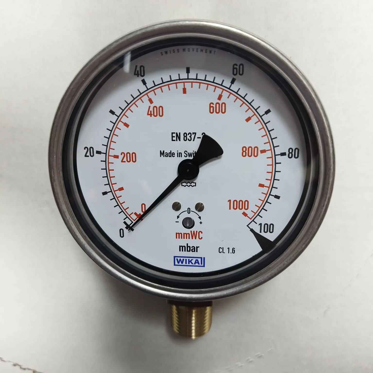 Wika Capsule Pressure Gauge Model 612.20.100, 0...100 mbar, Dual Scale, 4" Dial, 1/2" NPT Lower Mount, 84272198 - image 3