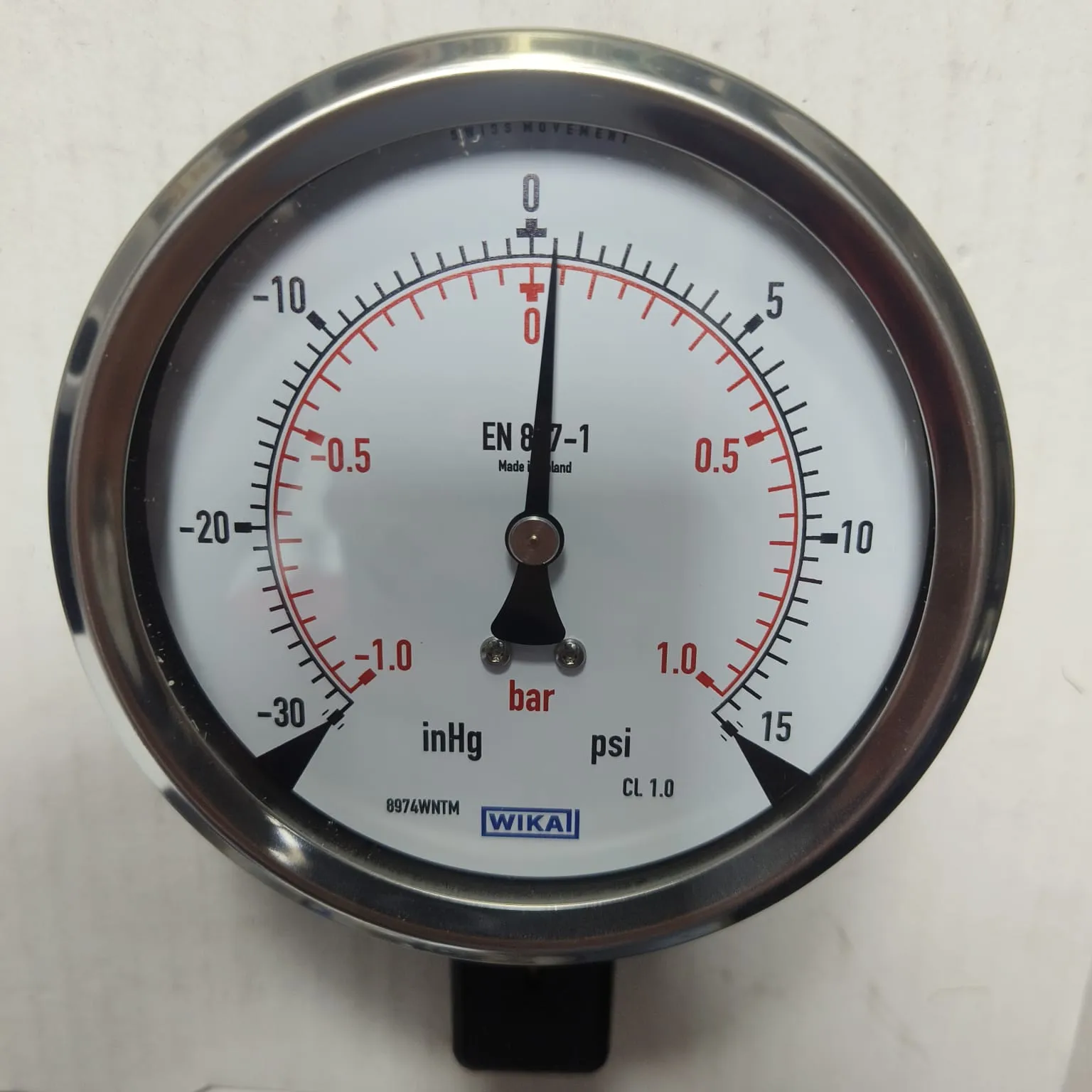 WIKA Compound Gauge 213.53.100, -30 inHg...+15 psi, Dual Scale, 4" Dial, 1/2" Male NPT Lower Mount, 84187958 - image 3