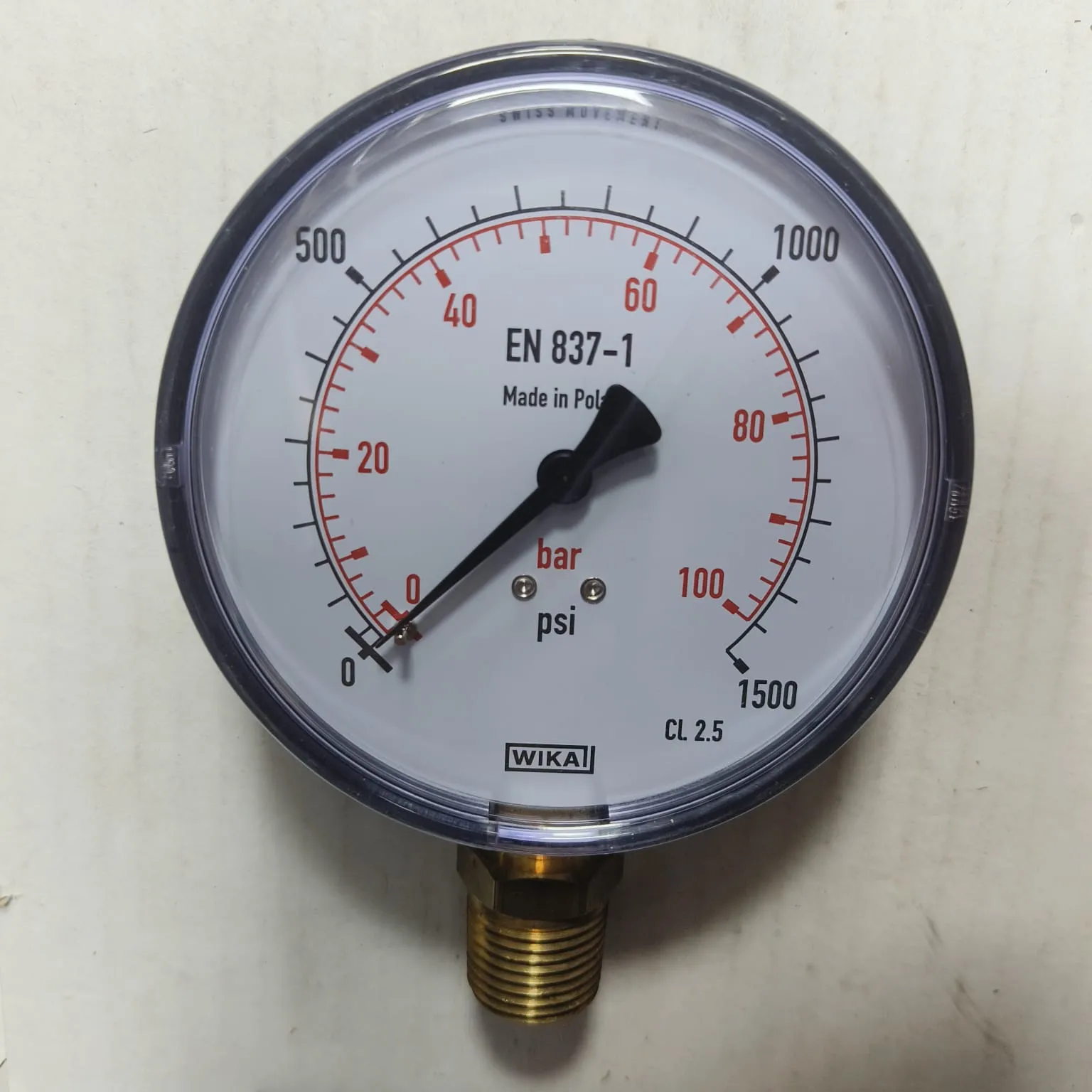 WIKA Pressure Gauge 111.10.100, 0...1500 psi, Dry Black Plastic Case, Dual Scale, 4" Dial, 1/2" Male NPT Lower Mount, 13380010 - image 3