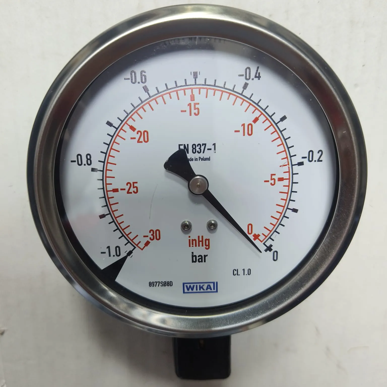 WIKA Vacuum Gauge 213.53.100, -1...0 bar, 2nd Scale inHg, 4" Dial, 1/2" Male NPT Lower Mount, 84000528 - image 3