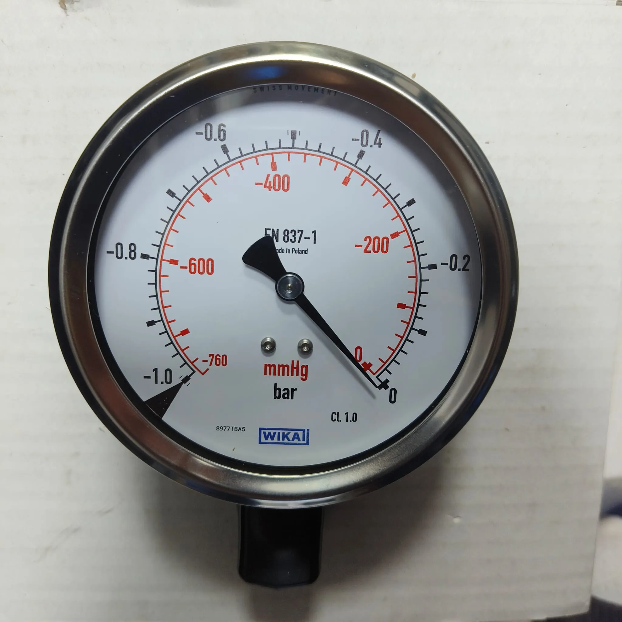 WIKA Vacuum Gauge 213.53.100, -1...0 bar, 2nd Scale mmHg, 4" Dial, 1/2" Male NPT Lower Mount, 84269655 - image 3