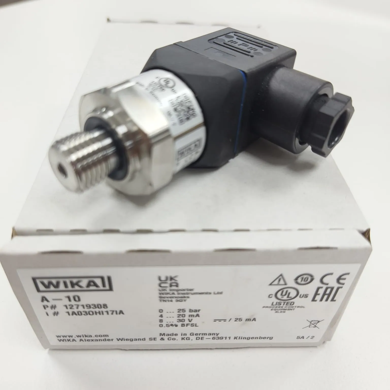 WIKA A-10 Pressure Transmitter, 0...25 Bar Gauge, G 1/4 A DIN EN ISO 1179-2 Connection, Valve Connector, Size A, 12719308 - image 2