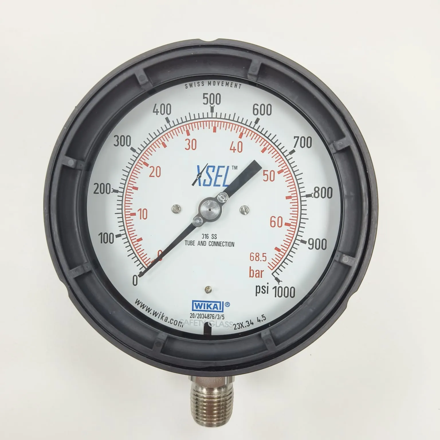 WIKA XSEL Bourdon Tube Gauge 232.34, 0...1000 psi, Dual Scale psi/bar, 4.5" Dial, 1/2" Male NPT Bottom Mount, 52398331 - image 2