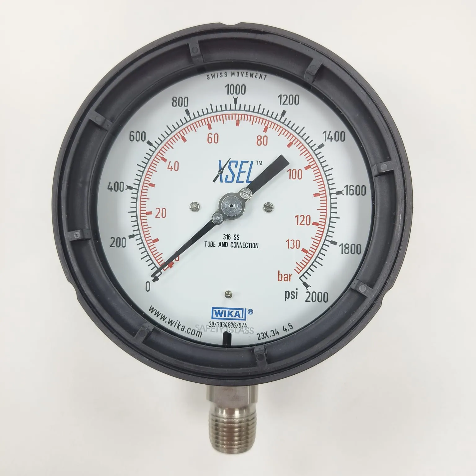 WIKA XSEL Bourdon Tube Gauge 232.34, 0...2000 psi, Dual Scale psi/bar, 4.5" Dial, 1/2" Male NPT Bottom Mount, 52398480 - image 2