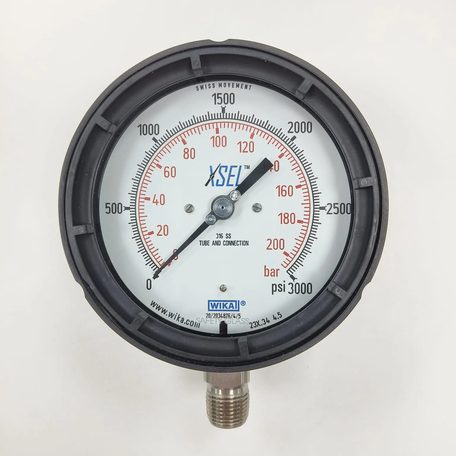WIKA XSEL Bourdon Tube Gauge 232.34, 0...3000 psi, Dual Scale psi/bar, 4.5" Dial, 1/2" Male NPT Bottom Mount, 52398455 - image 2