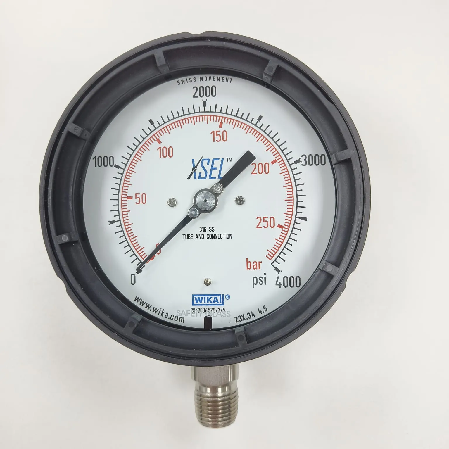 WIKA XSEL Bourdon Tube Gauge 232.34, 0...4000 psi, Dual Scale psi/bar, 4.5" Dial, 1/2" Male NPT Bottom Mount, 52398595 - image 2