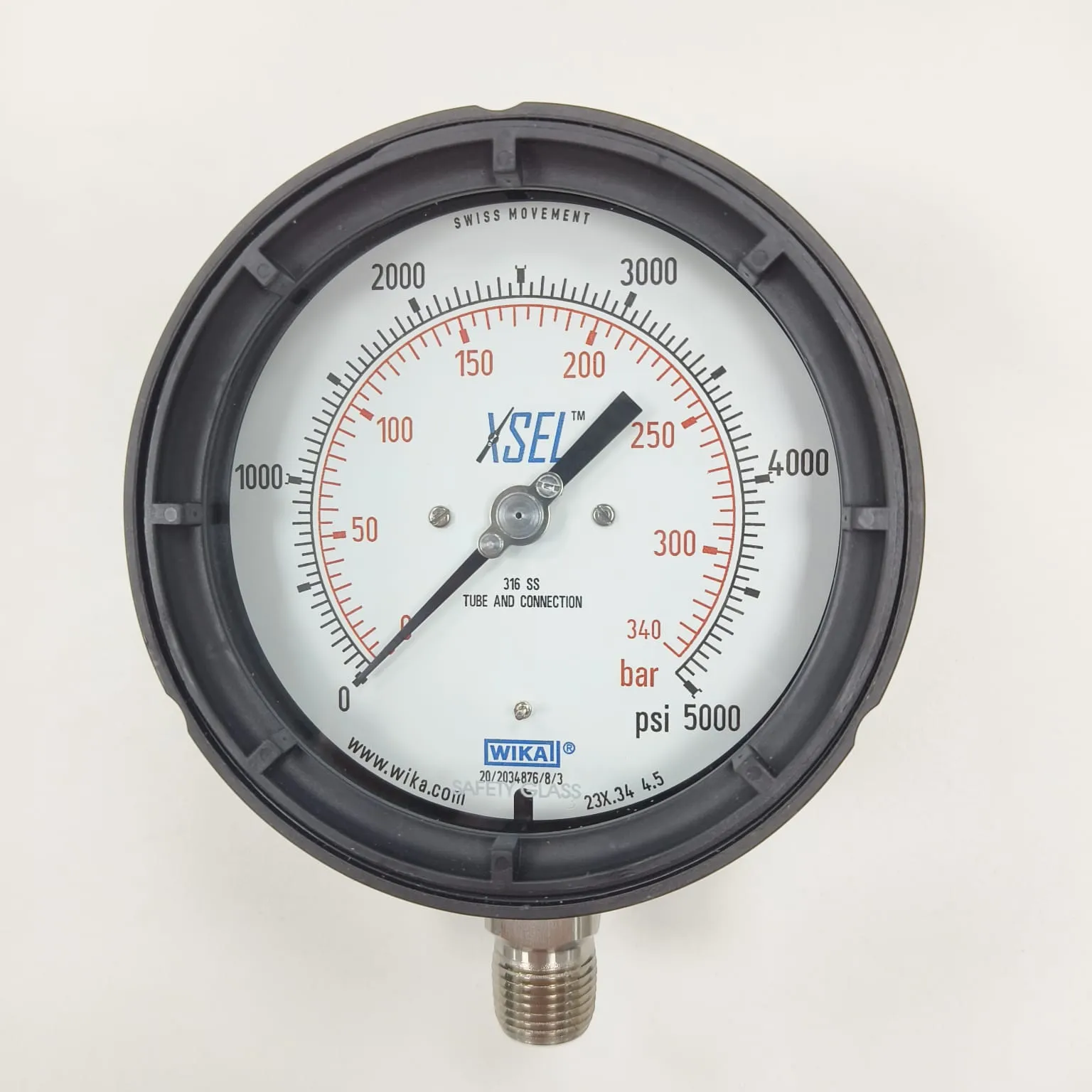 WIKA XSEL Bourdon Tube Gauge 232.34, 0...5000 psi, Dual Scale psi/bar, 4.5" Dial, 1/2" Male NPT Bottom Mount, 52398676 - image 2