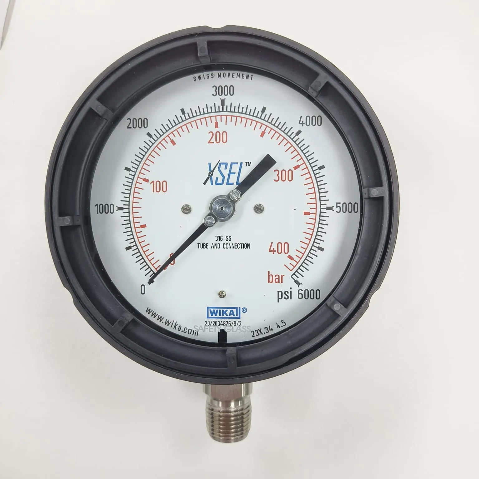 WIKA XSEL Bourdon Tube Gauge 232.34, 0...6000 psi, Dual Scale psi/bar, 4.5" Dial, 1/2" Male NPT Bottom Mount, 52398731 - image 2