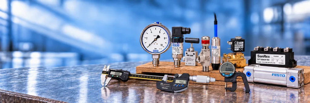 Parts from stock on a workbench: pressure gauge and transmitters, needle and relief valves, a solenoid valve, a rectifier module, Mitutoyo measuring tools and a Festo cylinder